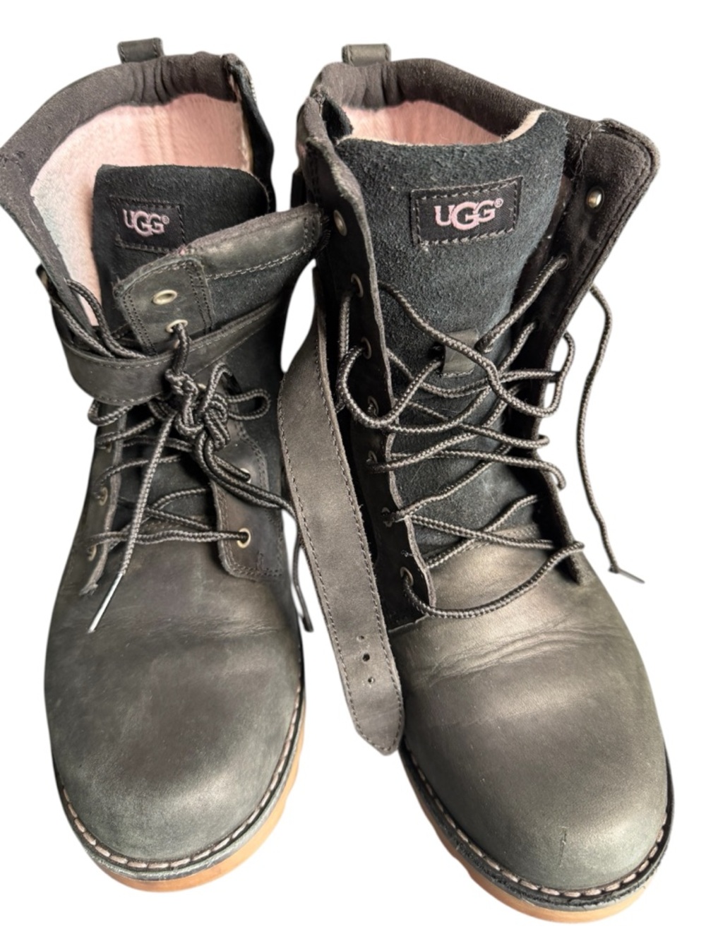 UGG Black Leather Lace-Up  Boots with Pink Shearling Lining